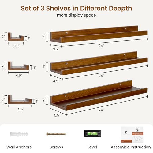 Picture Ledge Wall Shelves 24 inches Width Set of 3, Solid Pine Wood Rustic Floating Ledge Shelves for Wall for Kids\' Room Bedroom Kitchen Bathroom Living Room Nursery Display Wall Decor, Walnut