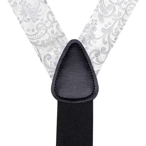 Image of Hi-Tie Men's Suspenders and Tie Set Silk Adjustable Elastic Y Braces with Strong 6 Clips Pocket Square Set
