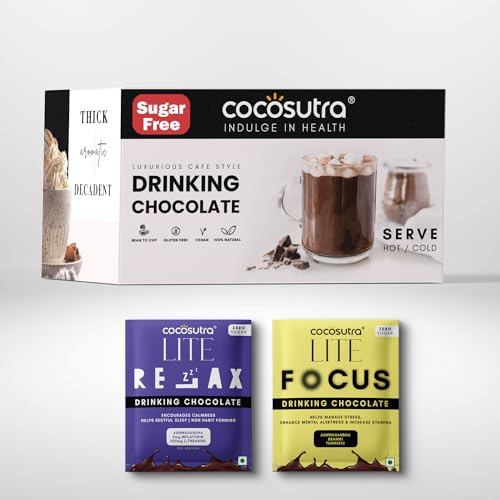 Image of Cocosutra RELAX & FOCUS Sugar Free Drinking Chocolate Hamper | 2 * 10 Single Serve Sachets | For better sleep support & for mental alertness | Low Carb, Low Calorie | Stevia & Erythritol based | 400g