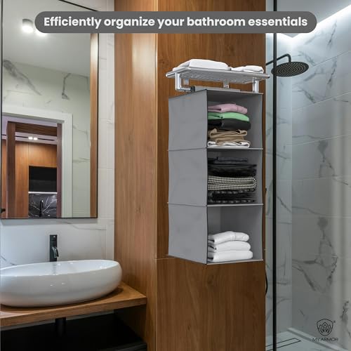 Image of MY ARMOR Hanging Shelf Cloth Storage Organizer, Universal Fit Hanging Closet Organizer for Wardrobe, 10 x 12 x 35 Inches (Grey, 3 Tier Shelf, Pack of 1)