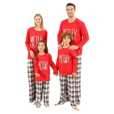 VNVNE Christmas Pajamas for Family Pjs Matching Sets, Red Merry Christmas Printed Top and Plaid Pants Holiday Pajamas for Women/Men/Couples(Men,M) Cover