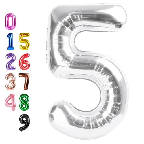 Image of Number Balloons Silver 5 Balloon 40 inch for 5th Birthday Party Decorations | Saturated Color, Large 40 inch, With Straw & Hanging Hole, For Back-To-School Season, Anniversary, Christmas, New Year
