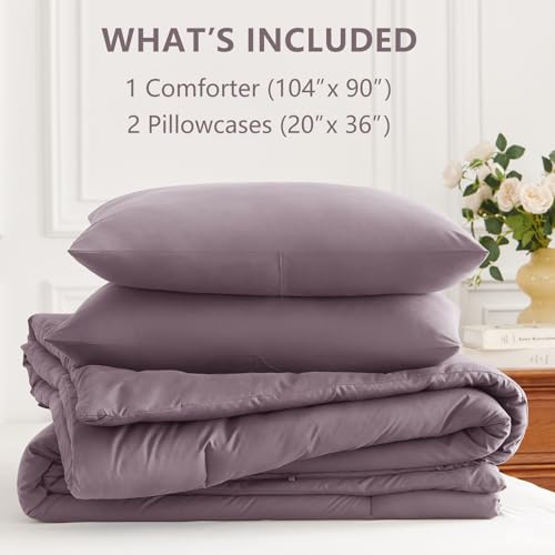 Image of HIMEET King Size Comforter Set, 3 Pieces with 2 Pillowcases, Dusty Purple | 270GSM Down Alternative Fill, Oeko-TEX Certified, 8 Corner Ties Quilted, All Season, Fluffy Bed Set, Bedroom Decor Bedding