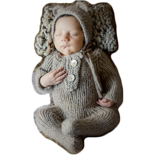 Image of Zeroest Newborn Boy Photoshoot Outfits and Props Bear Bonnet with Footed Romper Infant Baby Photography Crochet Knitted Set