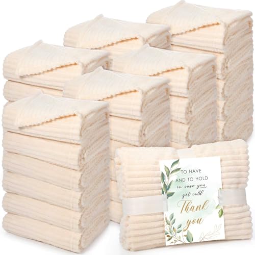 Buryeah 36 Pcs Wedding Flannel Fleece Throw Blanket Bulk with Thank You Card and Ribbon 50 x 60 in Oeko-TEX Standard 100 Certified Blankets Outdoor Wedding Guest Party Souvenirs (Ivory)