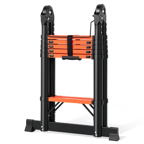 Image of Telescoping Ladder 12.5 FT A Frame, Extension Multi-Purpose with Balance Bar Heavy Duty 330 lbs Max Capacity for Home and Outdoor Work, Orange