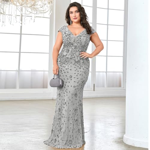 Image of Plus Size Womens Sequined Long Evening Gown Glamous Sleeveless V-Neck Mermaid Prom Dress for Wedding Party
