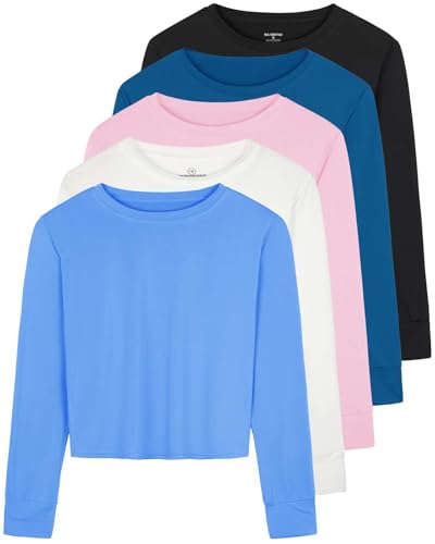 Real Essentials 5 Pack: Women's Dry Fit Crop Top - Long Sleeve Crew Neck Stretch Athletic Tee (Available in Plus Size)