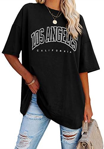 Ebifin Damen T Shirt Rundhals Oversize Vintage Oberteile | Los Angeles,Longshirt,Tunika,Sommer,Sport T Shirt,Basic,Baumwolle Top,Lang,Bluse