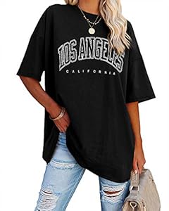 Ebifin Oversize T Shirt Damen Vintage Kurzärmeliges Rundhals Los Angeles Oberteile Tops Casual Lockere Basic Sommer Tee Shirts Bluse.Schwarz.XXL