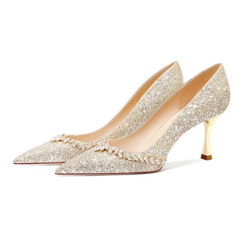 XYD Women Crystals Bejeweled Wedding Pumps Closed Pointed Toe Mid Heels Slip-ons Prom Evening Bridal Shoes4