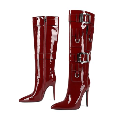 Knee High Boots Women Stiletto Heels Pointed Toe High Heel Fashion Boots Sexy Tall Boots with Buckle Straps for Party Date Office3