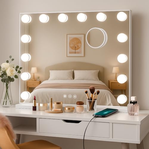 [Keranixy] 女優ミラー ライト付き ハリウッドミラー 化粧ライト鏡 化粧鏡 女優鏡 鏡 大きめ 卓上/壁掛け両用可能 3色ライトモード 明るさ調節でき 14個LED電球付き 10倍拡大鏡＆USBポート付き (50×40cm)