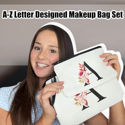 Image of Vavabox A-Z Personalized Makeup Bag, Birthday Gifts for Women Mom, Gifts for Best Friend, Bride Bridesmaid Cosmetic bag (F, 03-White Set)