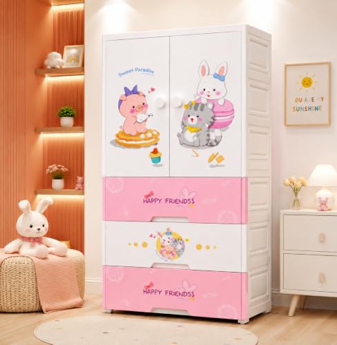 Image of YASONIC Plastic Wardrobe for Kids Clothes - Durable, Easy to Use Anti-Skid & Non-Slip Effective Professional Collapsible Wardrobe, Plastic Cupboard for Kids, Foldable Almirah (Pink, 1+3 Tier)