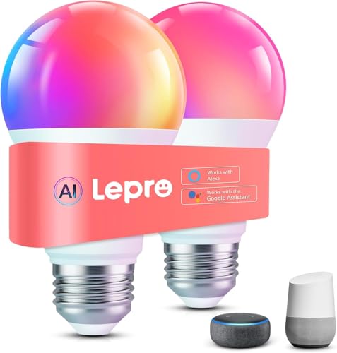 Lepro B1 AI Lampadina Smart E27, 806LM RGB&Luce Bianca Regolabile, Progettista Illuminazione AI Personalizzato, Funziona con Alexa/Google Assistant, Connessione Wi-Fi e Bluetooth, Sync Musicale, 2pcs