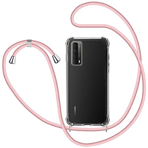 SAMCASE Funda con Cuerda para Huawei P Smart 2021, Carcasa Transparente TPU Suave Silicona Case con Correa Colgante Ajustable Collar Correa de Cuello Cadena Cordón - Oro Rosa
