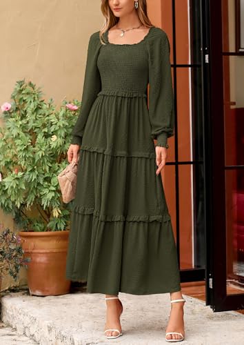 PRETTYGARDEN Fall Dresses for Women 2025 Long Sleeve Smocked Square Neck Swiss Dot Tiered Flowy Wedding Guest Maxi Dress