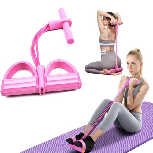 Norhogo 4 Tubes Elastic Sit Up Pull Rope with Foot Pedal, Multifunction Resistance Training Exerciser, 4-tube foot pedal resistance band for Home Use for Home Gym Yoga, Fitness, pink