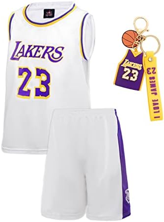 XYXYMM Childrens Basketball Jersey, 23# Lakers Jersey Jersey, Kids Boys Girls Retro Sleeveless Sports Vest and shorts 2-piece set s with Key Chain (Color : Amarillo, Size : 3XS)
