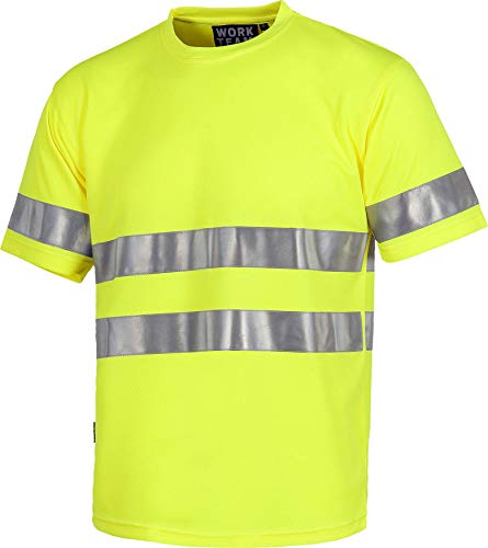 WORKTEAM Camiseta Alta Visibilidad de Manga Corta, Cintas Reflectantes, Alta Visibilidad EN ISO 471:2013. Tallas Grandes Unisex Amarillo A.V. 4XL