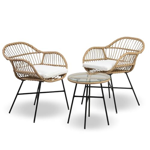 Salottino Da Esterno Set Bistrot Poltrone E Tavolino Elegante In Rattan Terrazzo Balcone Giardino Telaio In Acciaio Tavolo Salotto Con Piano In Vetro Con 2 Sedie Con Comodi Cuscini - Malang