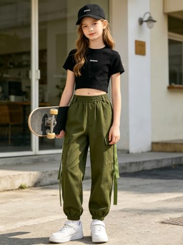 Image of Rolanko Girls Cargo Pants for Kids Loose Streetwear Hip Hop Dance Cotton Cargo Jogger Pants for Kids 4-15 Years