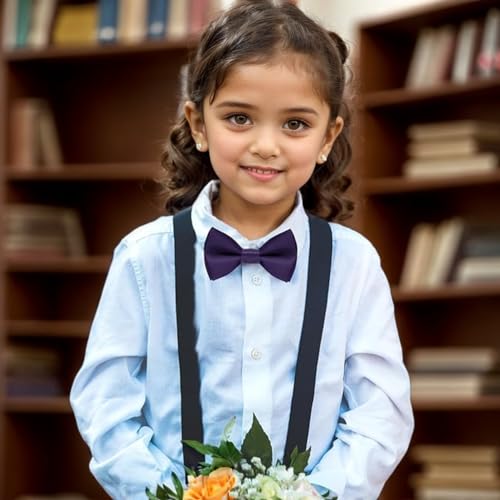 Kids Bow Tie Boys Pre-tied Bow Tie Classic Solid Satin Bow Tie Adjustable Neck Bowtie Tuxedo Bowtie for Wedding Party Dress Up (Purple)4