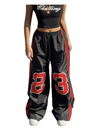 Verdusa Women's Number Striped Wide Leg Baggy Long Pants Drawstring Waist Straight Trousers3