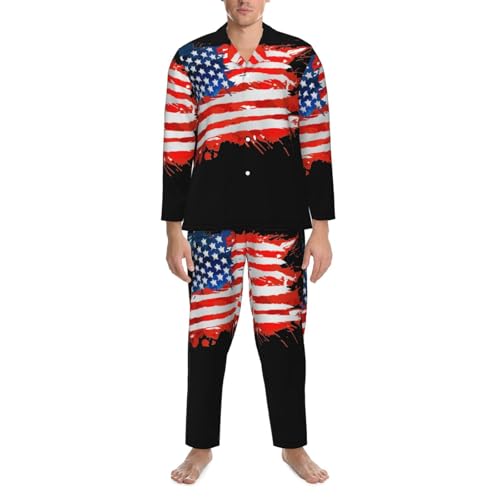 America Flag Of Colorful Splashes Mens Pajamas Set Button Down Sleepwear Set Long Sleeve Loungewear With Pockets