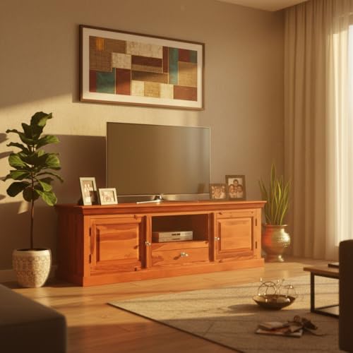 Image of APRODZ Sheesham Wood Tv Unit Cabinet with Shelves and one Drawer (Sheesham - Honey)