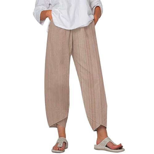 Striped Linen Pants for Women Summer Casual Wide Leg Capri Pants with Pockets Comfy Cropped Palazzo Pants