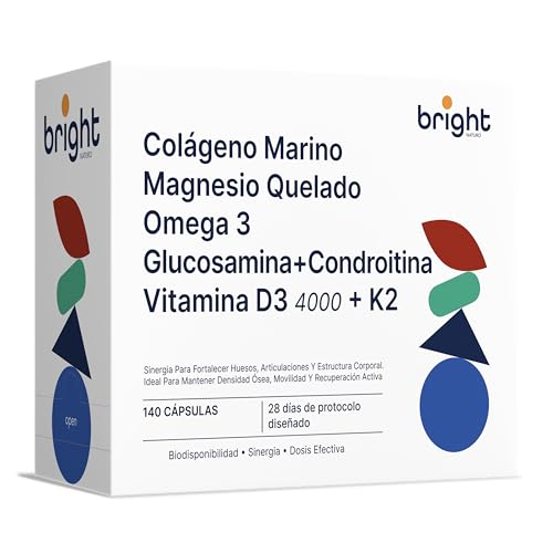 Colágeno Marino + Magnesio Quelado + Omega 3 + Glucosamina y Condroitina + Vitamina D3 4000 + K2 – Soporte para Huesos y Articulaciones – 140 Cápsulas | 28 Días