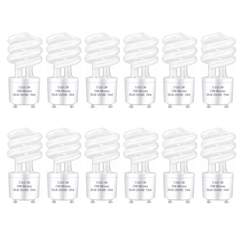 Image of GU24 13Watt 2700K 900lm CFL Light Bulbs, T3 Spiral Gu24 Base 2 Prong (60W Equivalent) Soft White Compact Fluorescent Light Bulbs, UL Approved, 120v 60Hz, Self Ballasted, Indoor Use (12 Pack)