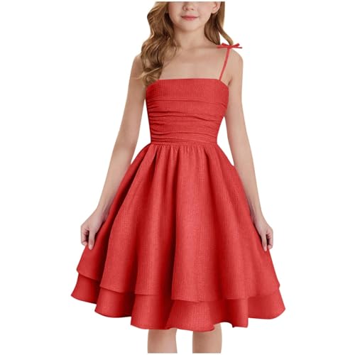 Mjjsk Vestidos de verão para meninas, com alças finas, plissadas, rodadas, vestido de princesa, festa de aniversário, vestido de casamento, vermelho