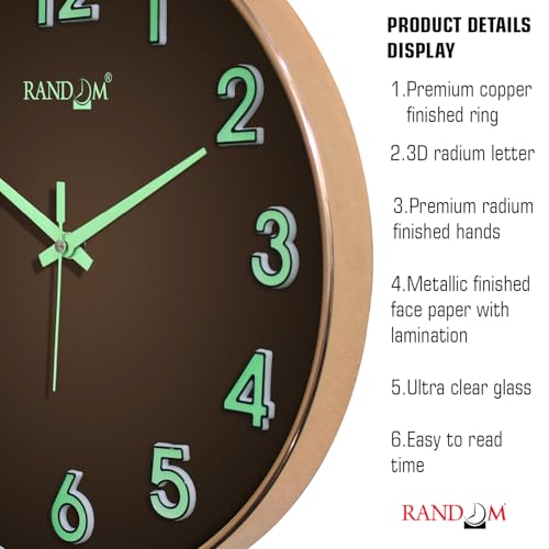 Image of RANDOM Modern 12.75INCH Wall Clock with 3D Radium Numbers, Silent Non-Ticking, Premium Copper Frame, Ultra Clear Glass for Living Room, Home Office