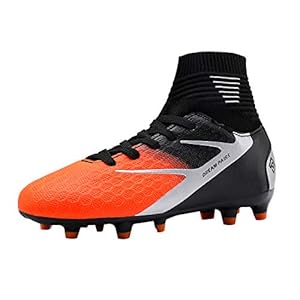 DREAM PAIRS Voetbalschoenen voor kinderen, jongens, voetbalschoenen, meisjes, ademende voetbalschoenen, uniseks, trainingsschoenen, sportschoen voor outdoor, zwart, grijs, oranje., 29 EU