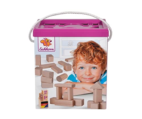 Eichhorn 100050141 50 naturfarbene Holzbausteine in Aufbewahrungsbox mit Sortierdeckel, FSC 1 zertifiziertes Buchenholz, Motorikspielzeug geeignet für Kinder ab 1 Jahr