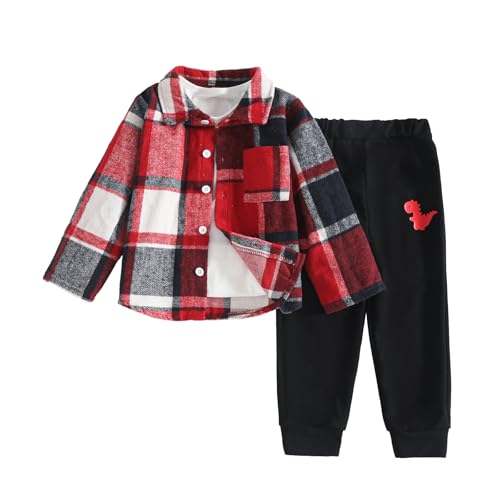Toddler Boy Clothes Button Down Plaid Sweatshirt Pants 2PCS Boy Winter Fall Outfits Set