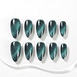 Sun&Beam Nails ハンドメイド ネイルチップ ミディアムアーモンド エメラルドグリーン 猫目 キャッツアイ シルバーラメ グラデーション つけ爪 10枚 (#042 M)