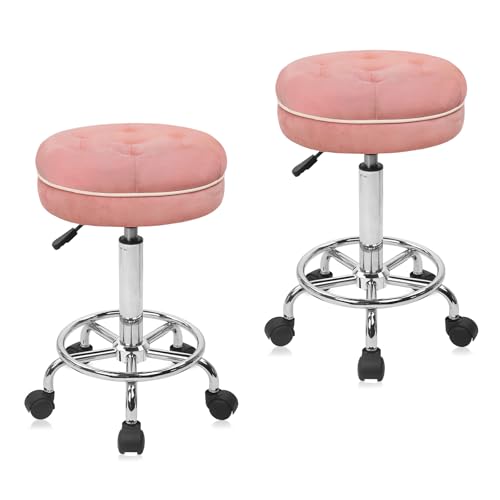 Image of KLASIKA Velet Rolling Bar Stool with Wheels, Tall Drafting Stool with Adjustable Height and Footrest, Multi-Purpose Office Desk Chair for Home Kitchen Shop Work, Pink (2PK)