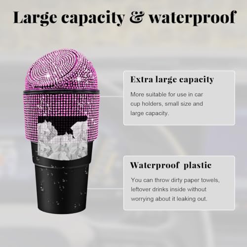Image of Yourkar Bling Car Trash Can with Lid, Sparkling Crystal Auto Garbage Can with Leak-Proof Lid, Multipurpose Waterproof Trash Bin for Automotive Home Office Kitchen Bedroom (Pink)