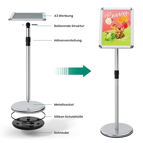 ThrivingTree Infoständer DIN A3 420x297mm Informationsständer Höhenverstellbar Edelstahl Kundenstopper Aufsteller Plakatständer Präsentationsständer Werbeständer (Silber, A3)