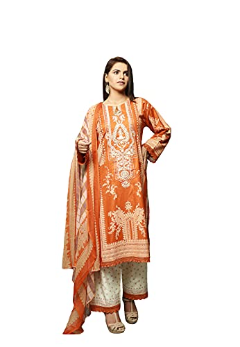 Ready to Wear Lawn with embroidery Pakistani Dress for Women with Chiffon Duppata - Three Piece Set (XL, Orange)