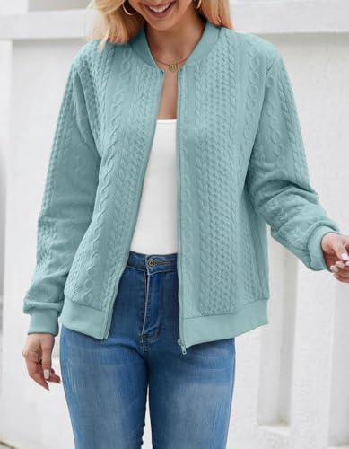 Image of WROLEM Women's Zip Up Cardigan Sweater Cable Hoodies Long Sleeve Jacket Outfits Crewneck Casual Coat