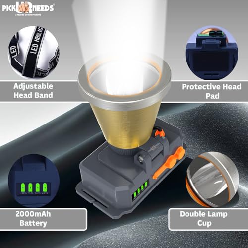 Image of Pick Ur Needs 150 Watt Laser Rechargeable Head Lamp 3 LED Mode Aluminum Body 2000mAh Battery Head Torch /Headlamp for Camping (Gold)