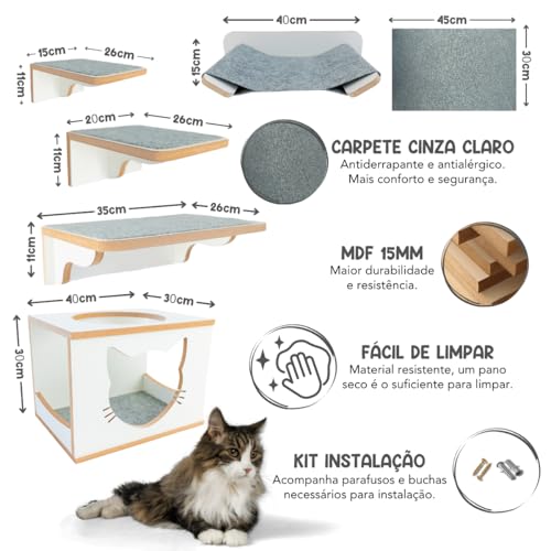 Playground Para Gatos 9Pçs Acabamento Premium Resistente Já Montado Com Kit Fixação e Carpete Antide