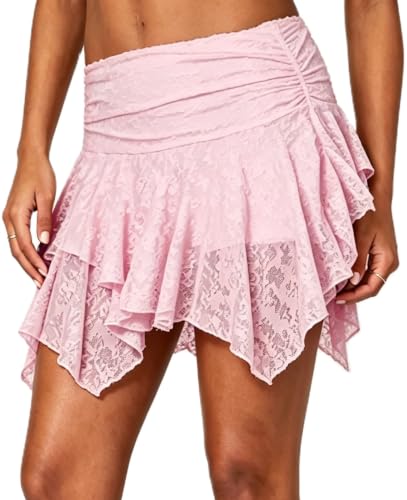 Image of Womens Y2k Ruffle Bloomer Short Lolita Layered Lace Mini Skirt | Country Concert Festival,Lace Skirts,Fluffy Ruffle Shorts,Pettipants for Women,Lolita Bottoms,Grunge Asymmetrical Skirt Party