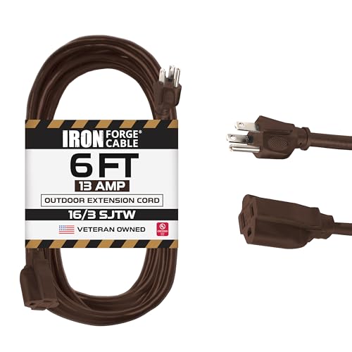 Iron Forge Cable Outdoor Brown Extension Cord 6 ft - 16 Gauge 13 Amp Heavy Duty Brown Outdoor Extension Cords 3 Prong - 16/3 SJTW - Great for Outdoor