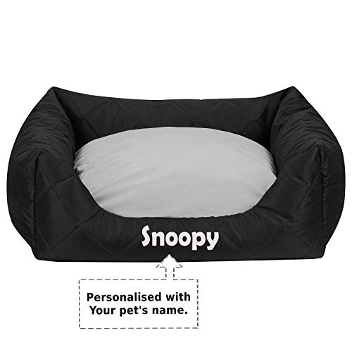 Ferocity Personalisiertes Hundebett mit Namen Bedruckt waschbares Hundesofa mit Rand und Wendekissen, Hundekissen aus Cordura, Grau auf Schwarz 60x55 [123]